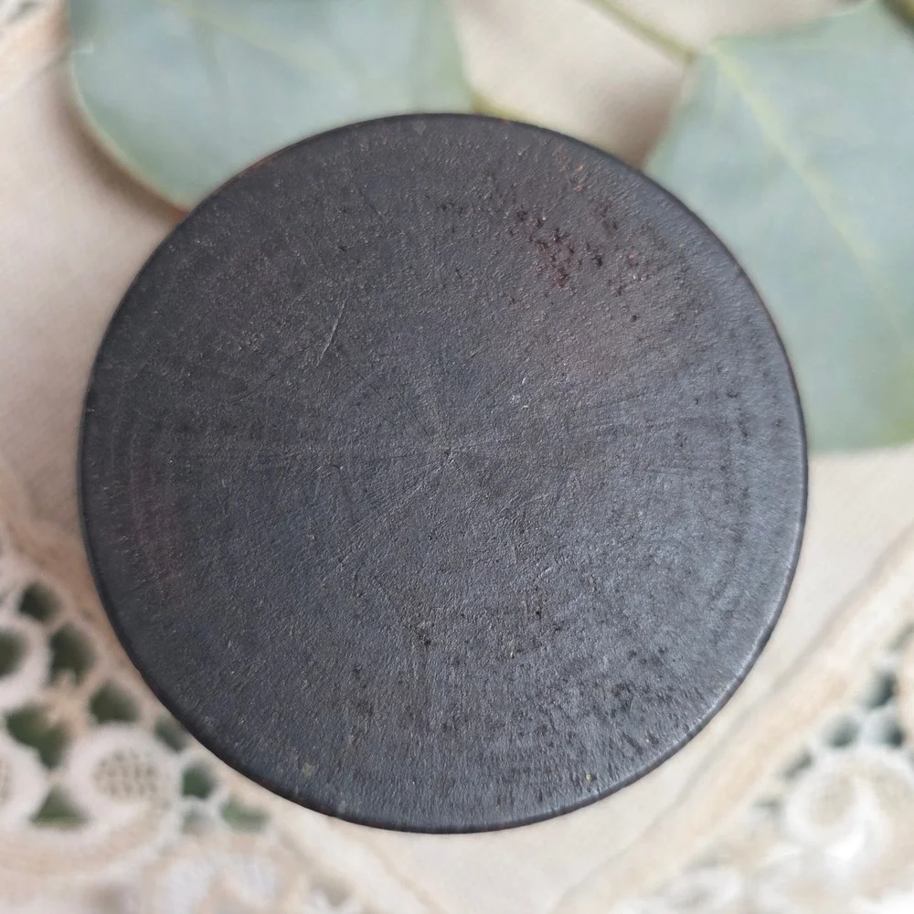 Vintage Wooden Stamp Box Cross Stitched Lid Round‎ Dark Wood Desk Organizer